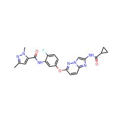 Cc1cc(C(=O)Nc2cc(Oc3ccc4nc(NC(=O)C5CC5)cn4n3)ccc2F)n(C)n1 ZINC000095602102