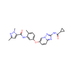 Cc1cc(C(=O)Nc2cc(Oc3ccc4nc(NC(=O)C5CC5)nn4c3)ccc2C)n(C)n1 ZINC000096916314