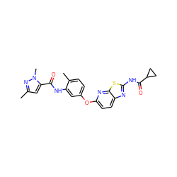 Cc1cc(C(=O)Nc2cc(Oc3ccc4nc(NC(=O)C5CC5)sc4n3)ccc2C)n(C)n1 ZINC000096916320