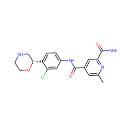 Cc1cc(C(=O)Nc2ccc([C@H]3CNCCO3)c(Cl)c2)cc(C(N)=O)n1 ZINC000149877832