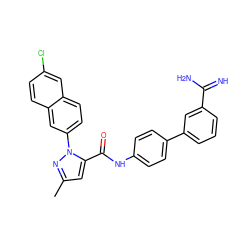 Cc1cc(C(=O)Nc2ccc(-c3cccc(C(=N)N)c3)cc2)n(-c2ccc3cc(Cl)ccc3c2)n1 ZINC000028232888