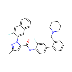 Cc1cc(C(=O)Nc2ccc(-c3ccccc3CN3CCCCC3)cc2F)n(-c2cc3ccccc3cc2F)n1 ZINC000036126779