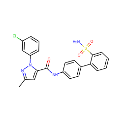 Cc1cc(C(=O)Nc2ccc(-c3ccccc3S(N)(=O)=O)cc2)n(-c2cccc(Cl)c2)n1 ZINC000013527748