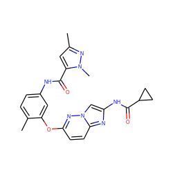 Cc1cc(C(=O)Nc2ccc(C)c(Oc3ccc4nc(NC(=O)C5CC5)cn4n3)c2)n(C)n1 ZINC000095601889