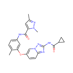 Cc1cc(C(=O)Nc2ccc(C)c(Oc3ccc4nc(NC(=O)C5CC5)nn4c3)c2)n(C)n1 ZINC000096916322