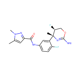 Cc1cc(C(=O)Nc2ccc(F)c([C@@]3(C)N=C(N)OC[C@@H]3F)c2)nn1C ZINC000169702966