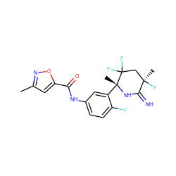 Cc1cc(C(=O)Nc2ccc(F)c([C@@]3(C)NC(=N)[C@](C)(F)CC3(F)F)c2)on1 ZINC001772605191