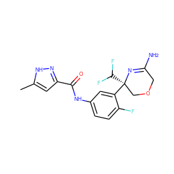 Cc1cc(C(=O)Nc2ccc(F)c([C@]3(C(F)F)COCC(N)=N3)c2)n[nH]1 ZINC000113680711