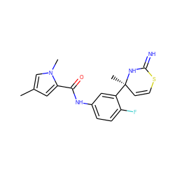 Cc1cc(C(=O)Nc2ccc(F)c([C@]3(C)C=CSC(=N)N3)c2)n(C)c1 ZINC001772655481