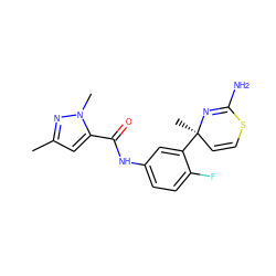 Cc1cc(C(=O)Nc2ccc(F)c([C@]3(C)C=CSC(N)=N3)c2)n(C)n1 ZINC000068197557