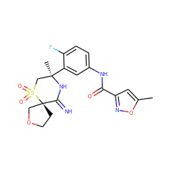 Cc1cc(C(=O)Nc2ccc(F)c([C@]3(C)CS(=O)(=O)[C@]4(CCOC4)C(=N)N3)c2)no1 ZINC000147257250