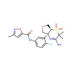 Cc1cc(C(=O)Nc2ccc(F)c([C@]34COC[C@H]3S(=O)(=O)C(C)(C)C(N)=N4)c2)on1 ZINC000217082727