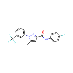 Cc1cc(C(=O)Nc2ccc(F)cc2)nn1-c1cccc(C(F)(F)F)c1 ZINC000026384982