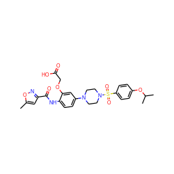 Cc1cc(C(=O)Nc2ccc(N3CCN(S(=O)(=O)c4ccc(OC(C)C)cc4)CC3)cc2OCC(=O)O)no1 ZINC001772626423