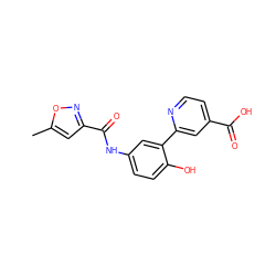 Cc1cc(C(=O)Nc2ccc(O)c(-c3cc(C(=O)O)ccn3)c2)no1 ZINC000263621063