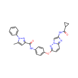 Cc1cc(C(=O)Nc2ccc(Oc3ccc4nc(NC(=O)C5CC5)cn4n3)cc2)nn1-c1ccccc1 ZINC000103256232