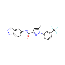 Cc1cc(C(=O)Nc2ccc3[nH]ncc3c2)nn1-c1cccc(C(F)(F)F)c1 ZINC000040412381