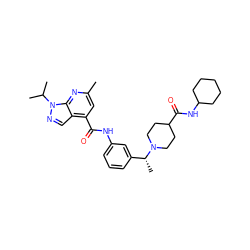 Cc1cc(C(=O)Nc2cccc([C@@H](C)N3CCC(C(=O)NC4CCCCC4)CC3)c2)c2cnn(C(C)C)c2n1 ZINC001772585564