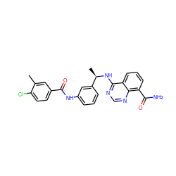 Cc1cc(C(=O)Nc2cccc([C@@H](C)Nc3ncnc4c(C(N)=O)cccc34)c2)ccc1Cl ZINC000114346091