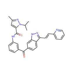 Cc1cc(C(=O)Nc2cccc(C(=O)c3ccc4c(/C=C/c5ccccn5)n[nH]c4c3)c2)n(C(C)C)n1 ZINC000166741088