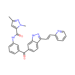 Cc1cc(C(=O)Nc2cccc(C(=O)c3ccc4c(/C=C/c5ccccn5)n[nH]c4c3)c2)n(C)n1 ZINC000034048768