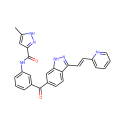 Cc1cc(C(=O)Nc2cccc(C(=O)c3ccc4c(/C=C/c5ccccn5)n[nH]c4c3)c2)n[nH]1 ZINC000034036189