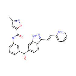 Cc1cc(C(=O)Nc2cccc(C(=O)c3ccc4c(/C=C/c5ccccn5)n[nH]c4c3)c2)on1 ZINC000166726962