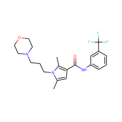 Cc1cc(C(=O)Nc2cccc(C(F)(F)F)c2)c(C)n1CCCN1CCOCC1 ZINC000221028365