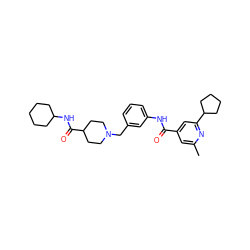 Cc1cc(C(=O)Nc2cccc(CN3CCC(C(=O)NC4CCCCC4)CC3)c2)cc(C2CCCC2)n1 ZINC001772576193