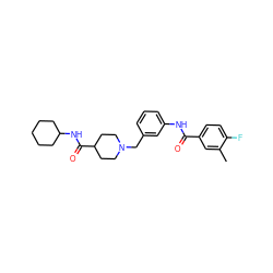 Cc1cc(C(=O)Nc2cccc(CN3CCC(C(=O)NC4CCCCC4)CC3)c2)ccc1F ZINC001772604674