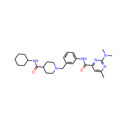 Cc1cc(C(=O)Nc2cccc(CN3CCC(C(=O)NC4CCCCC4)CC3)c2)nc(N(C)C)n1 ZINC001772640142