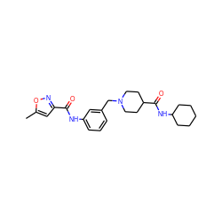 Cc1cc(C(=O)Nc2cccc(CN3CCC(C(=O)NC4CCCCC4)CC3)c2)no1 ZINC001772595582