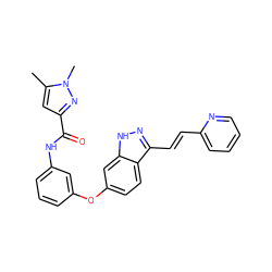 Cc1cc(C(=O)Nc2cccc(Oc3ccc4c(/C=C/c5ccccn5)n[nH]c4c3)c2)nn1C ZINC000167629762