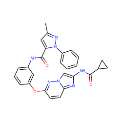 Cc1cc(C(=O)Nc2cccc(Oc3ccc4nc(NC(=O)C5CC5)cn4n3)c2)n(-c2ccccc2)n1 ZINC000095602856