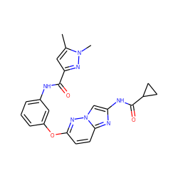 Cc1cc(C(=O)Nc2cccc(Oc3ccc4nc(NC(=O)C5CC5)cn4n3)c2)nn1C ZINC000095603674