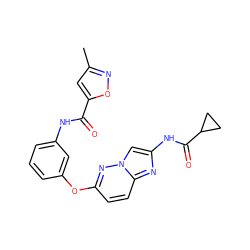 Cc1cc(C(=O)Nc2cccc(Oc3ccc4nc(NC(=O)C5CC5)cn4n3)c2)on1 ZINC000095601554