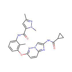 Cc1cc(C(=O)Nc2cccc(Oc3ccc4nc(NC(=O)C5CC5)cn4n3)c2C)n(C)n1 ZINC000095605879