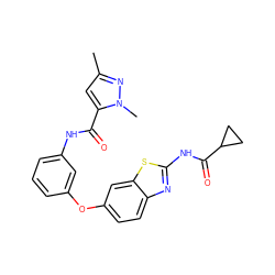 Cc1cc(C(=O)Nc2cccc(Oc3ccc4nc(NC(=O)C5CC5)sc4c3)c2)n(C)n1 ZINC000096273372