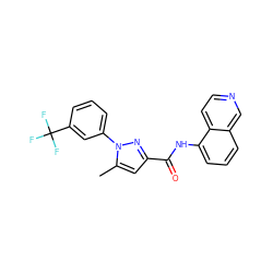 Cc1cc(C(=O)Nc2cccc3cnccc23)nn1-c1cccc(C(F)(F)F)c1 ZINC000000602723