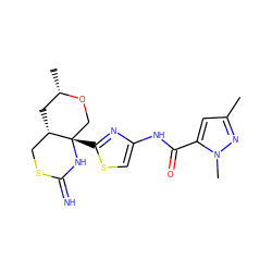 Cc1cc(C(=O)Nc2csc([C@]34CO[C@@H](C)C[C@H]3CSC(=N)N4)n2)n(C)n1 ZINC001772603607