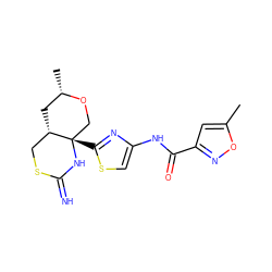 Cc1cc(C(=O)Nc2csc([C@]34CO[C@@H](C)C[C@H]3CSC(=N)N4)n2)no1 ZINC001772643762