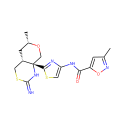 Cc1cc(C(=O)Nc2csc([C@]34CO[C@@H](C)C[C@H]3CSC(=N)N4)n2)on1 ZINC001772611567