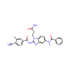 Cc1cc(C(=O)Nc2nc3cc(N(C)C(=O)c4ccccc4)ccc3n2CCC(N)=O)ccc1C#N ZINC000040411948