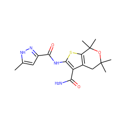 Cc1cc(C(=O)Nc2sc3c(c2C(N)=O)CC(C)(C)OC3(C)C)n[nH]1 ZINC001772655404