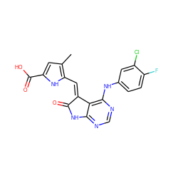 Cc1cc(C(=O)O)[nH]c1/C=C1\C(=O)Nc2ncnc(Nc3ccc(F)c(Cl)c3)c21 ZINC000013445428