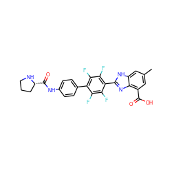 Cc1cc(C(=O)O)c2nc(-c3c(F)c(F)c(-c4ccc(NC(=O)[C@@H]5CCCN5)cc4)c(F)c3F)[nH]c2c1 ZINC000141393601