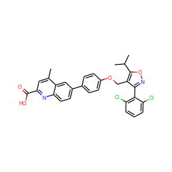 Cc1cc(C(=O)O)nc2ccc(-c3ccc(OCc4c(-c5c(Cl)cccc5Cl)noc4C(C)C)cc3)cc12 ZINC000066080128