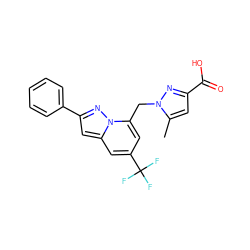 Cc1cc(C(=O)O)nn1Cc1cc(C(F)(F)F)cc2cc(-c3ccccc3)nn12 ZINC001772656434