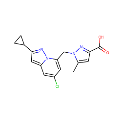 Cc1cc(C(=O)O)nn1Cc1cc(Cl)cc2cc(C3CC3)nn12 ZINC001772631711