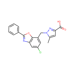 Cc1cc(C(=O)O)nn1Cc1cc(Cl)cc2nc(-c3ccccc3)oc12 ZINC001772647038